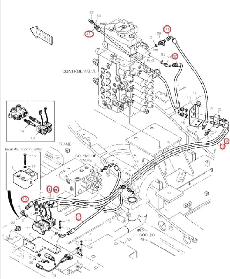 Doosan DX160LC installation diagram showing hydraulic hose DS2093115 at Pipe No. 52