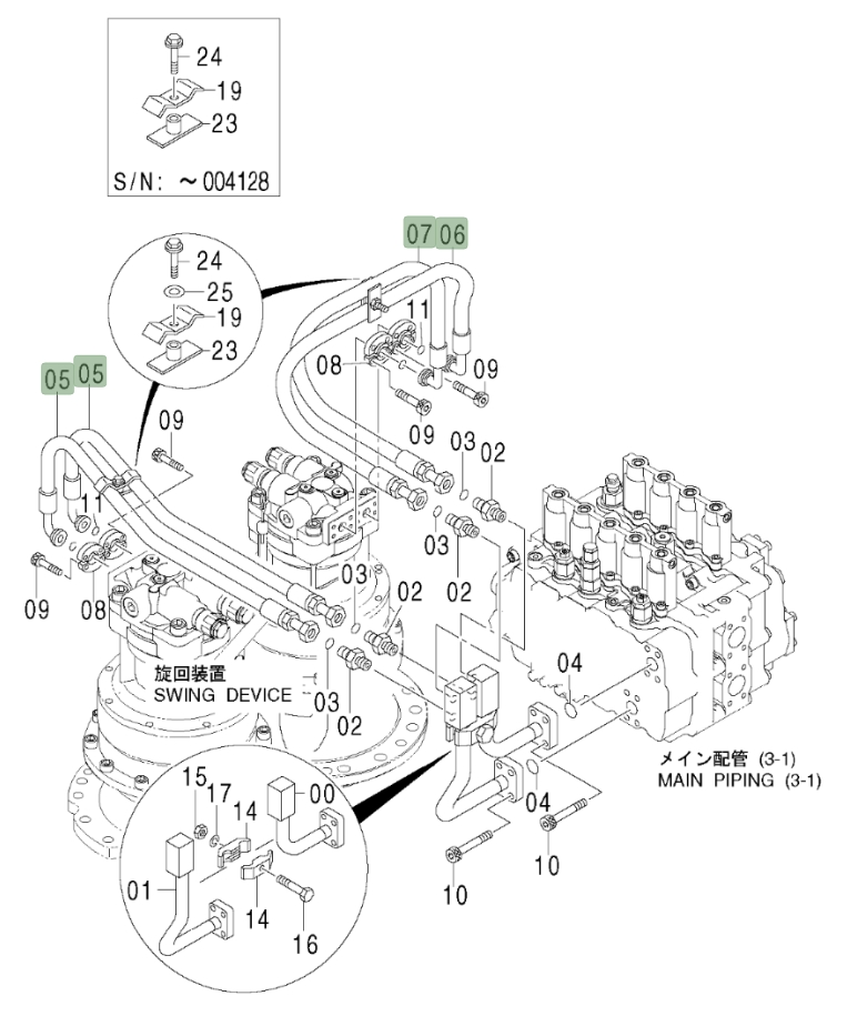 Hitachi ZX600LC installation diagram showing hydraulic hose 4343422 at Pipe No. 6