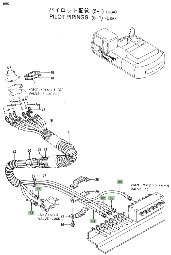 Hitachi EX300LC-3 installation diagram showing hydraulic hose 4316006 at Pipe No. 32