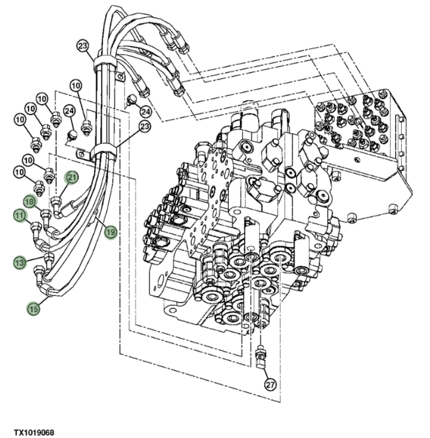 Hitachi ZX240F-3 installation diagram showing hydraulic hose 4630937 at Pipe No. 21