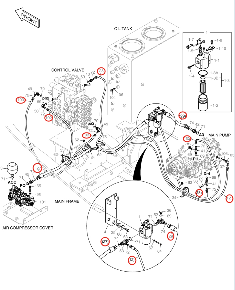 Doosan DX160LC-5 installation diagram showing hydraulic hose DS2119129 at Pipe No. 103