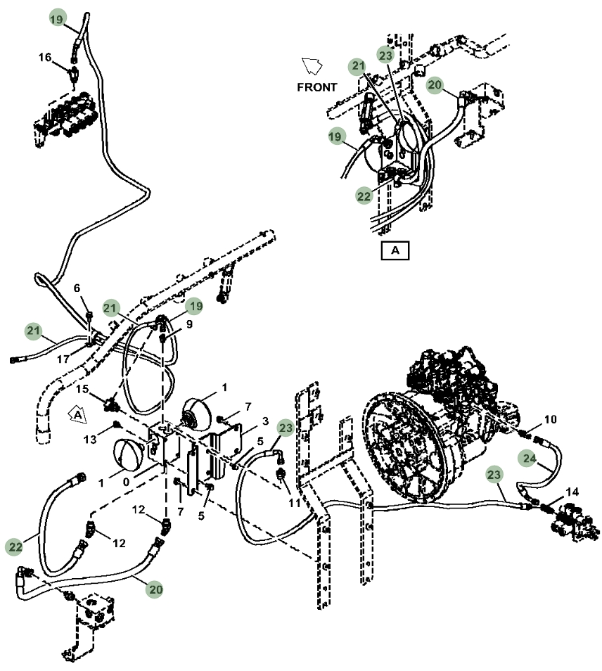 Hitachi ZX190W-5N installation diagram showing hydraulic hose 4636420 at Pipe No. 24