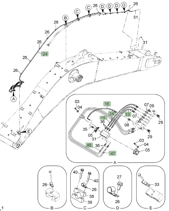 Hitachi ZX650LC-3 installation diagram showing hydraulic hose 4656510 at Pipe No. 48