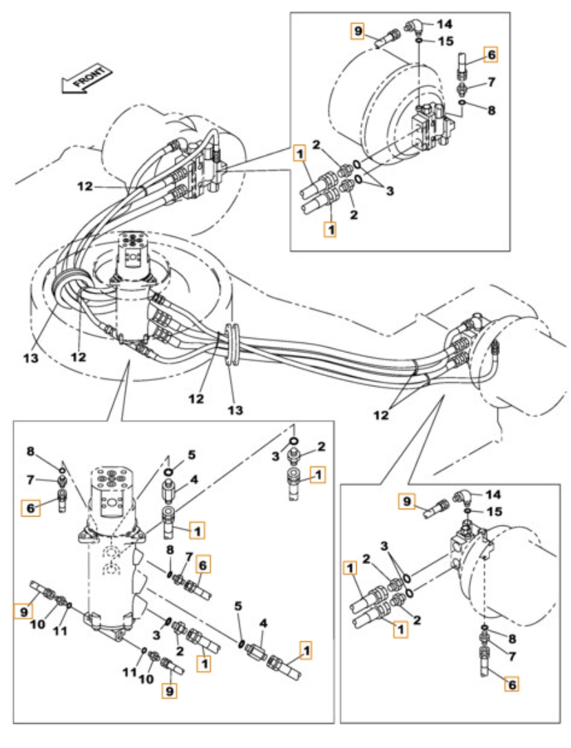 Case CX470C installation diagram showing hydraulic hose 159005A1 at Pipe No. 6