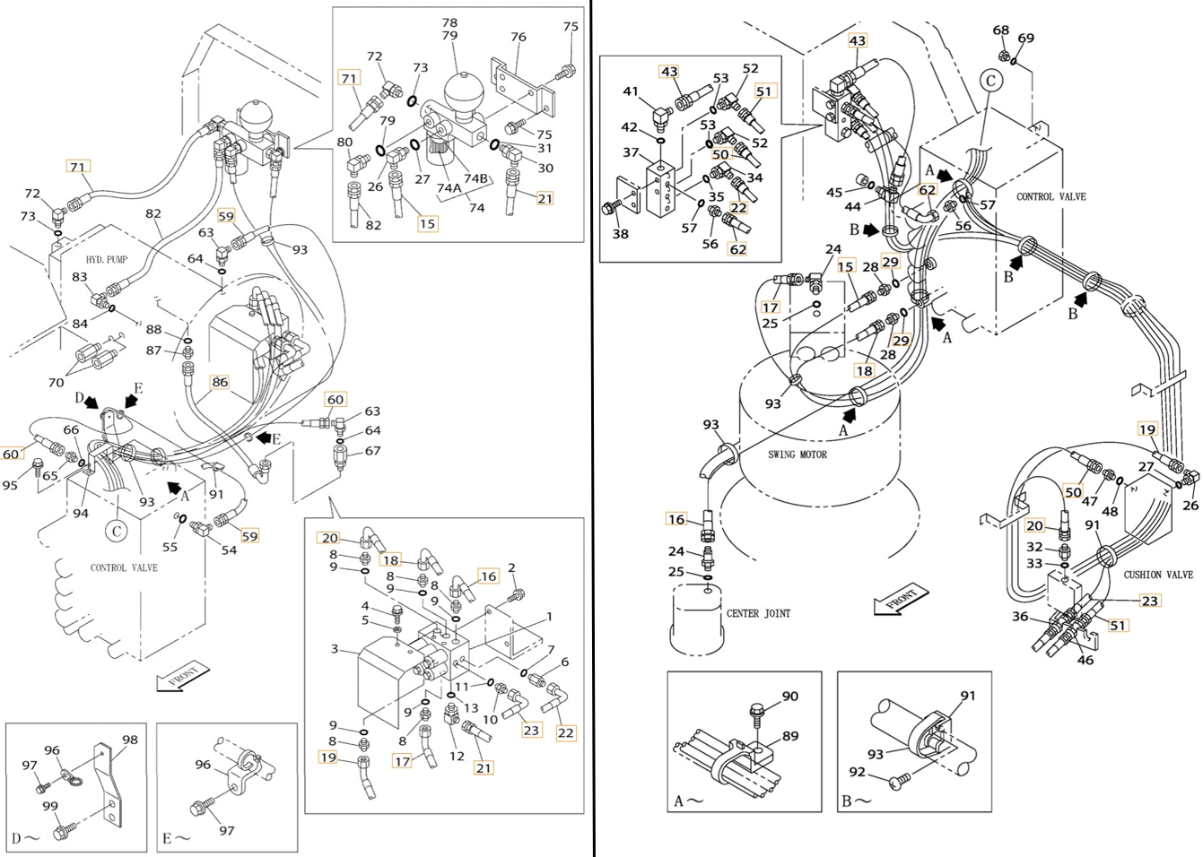 Case CX350 installation diagram showing hydraulic hose 164115A1 at Pipe No. 22