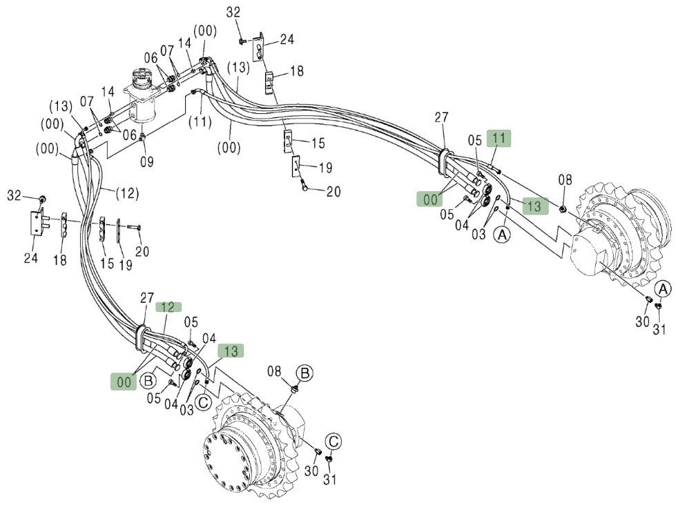 Hitachi ZX450LC installation diagram showing hydraulic hose 4430973 at Pipe No. 0