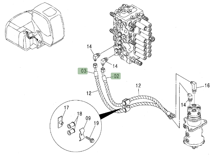 Hitachi ZX80 installation diagram showing hydraulic hose 4463269 at Pipe No. 2