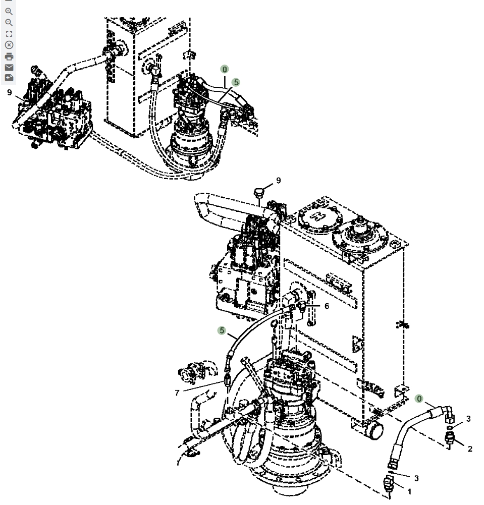 Hitachi ZX135US-5N installation diagram showing hydraulic hose 9304230 at Pipe No. 5
