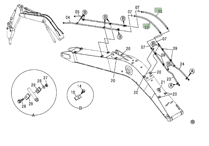 Hitachi ZX160LC installation diagram showing hydraulic hose 4265833 at Pipe No. 3