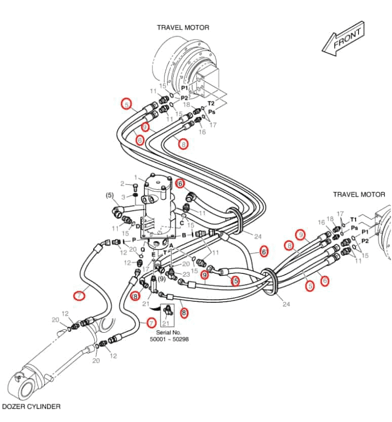 Doosan DX55 installation diagram showing hydraulic hose 2184-1070D21 at Pipe No. 6