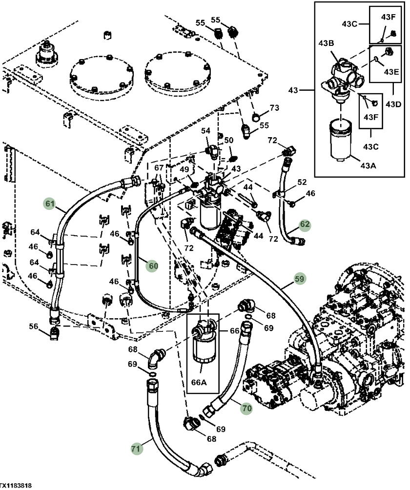 Hitachi ZX470LC-6 installation diagram showing hydraulic hose 4308657 at Pipe No. 62