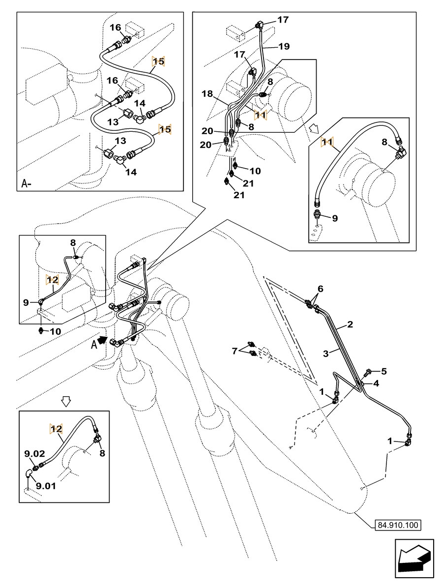 Case CX145C SR installation diagram showing hydraulic hose KHJ2142 at Pipe No. 15