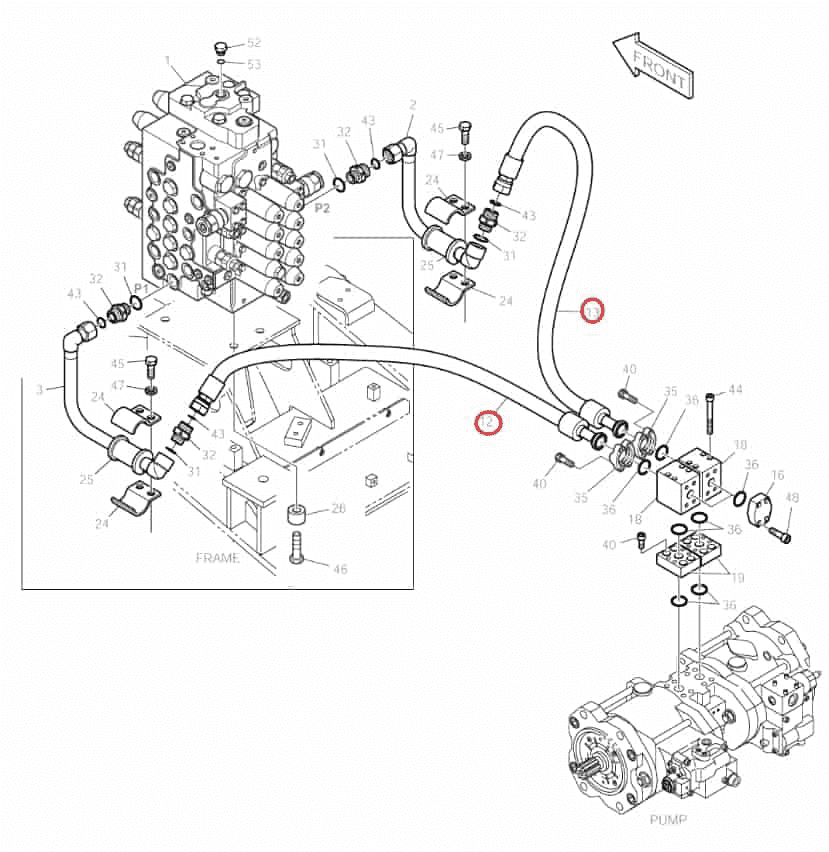 Doosan DX140LC installation diagram showing hydraulic hose DS2016113 at Pipe No. 13