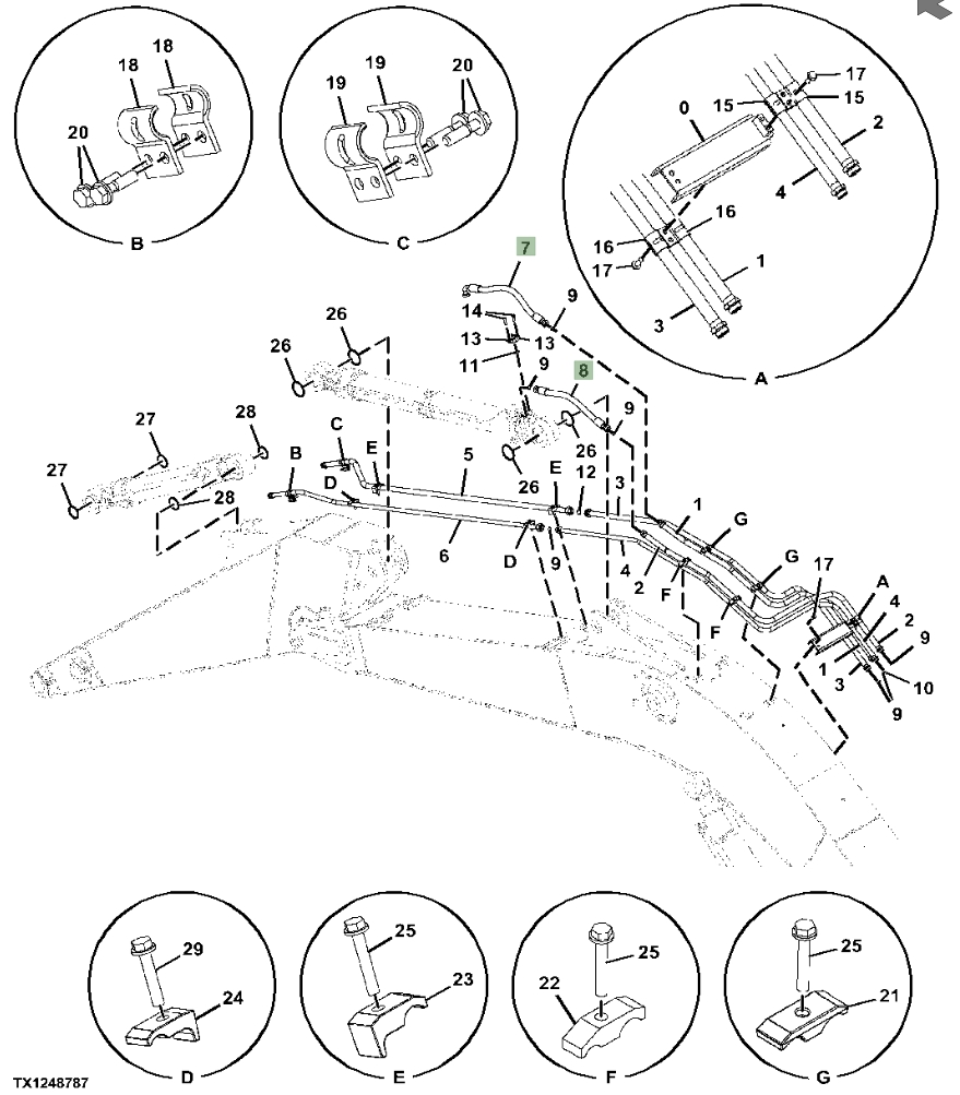 Hitachi ZX345USLC-6N installation diagram showing hydraulic hose 4620800 at Pipe No. 7