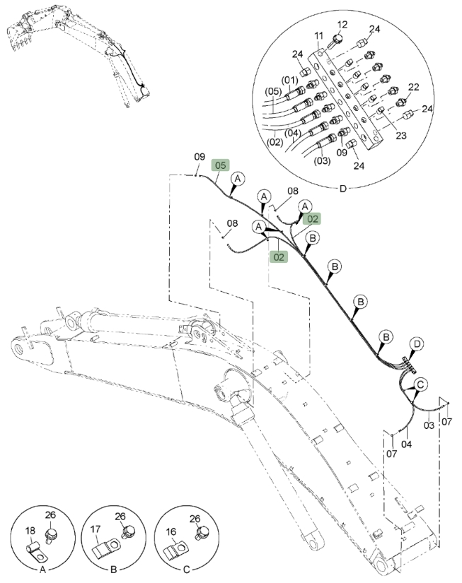 Hitachi ZX650LC-3 installation diagram showing hydraulic hose 4316009 at Pipe No. 2