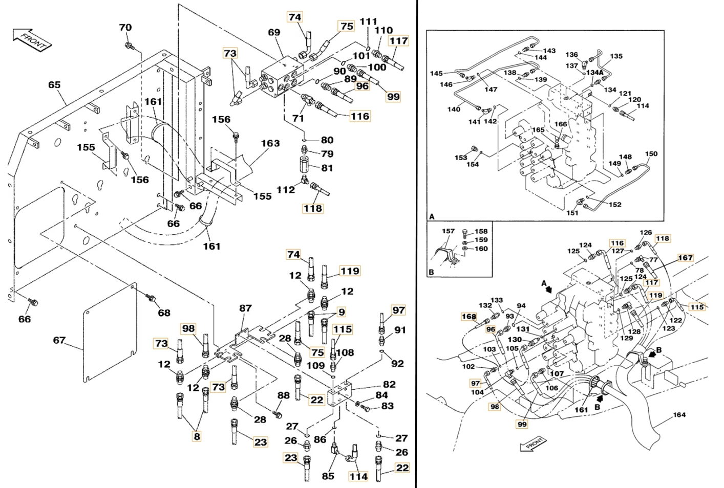 Case CX240 installation diagram showing hydraulic hose 161657A1 at Pipe No. 115