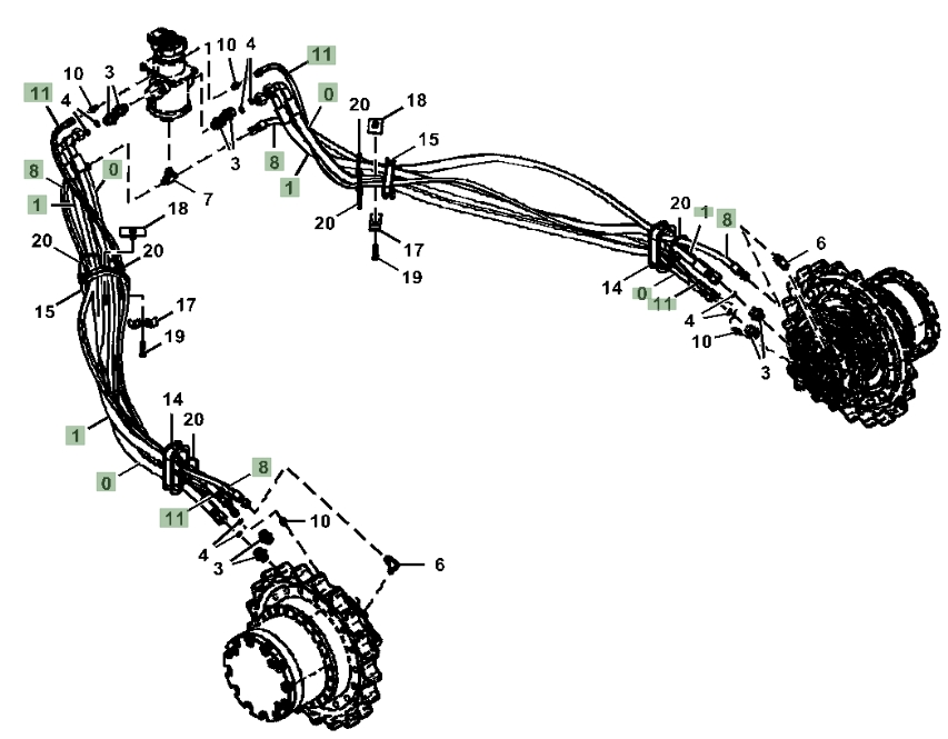 Hitachi ZX210-5G installation diagram showing hydraulic hose 4447566 at Pipe No. 11