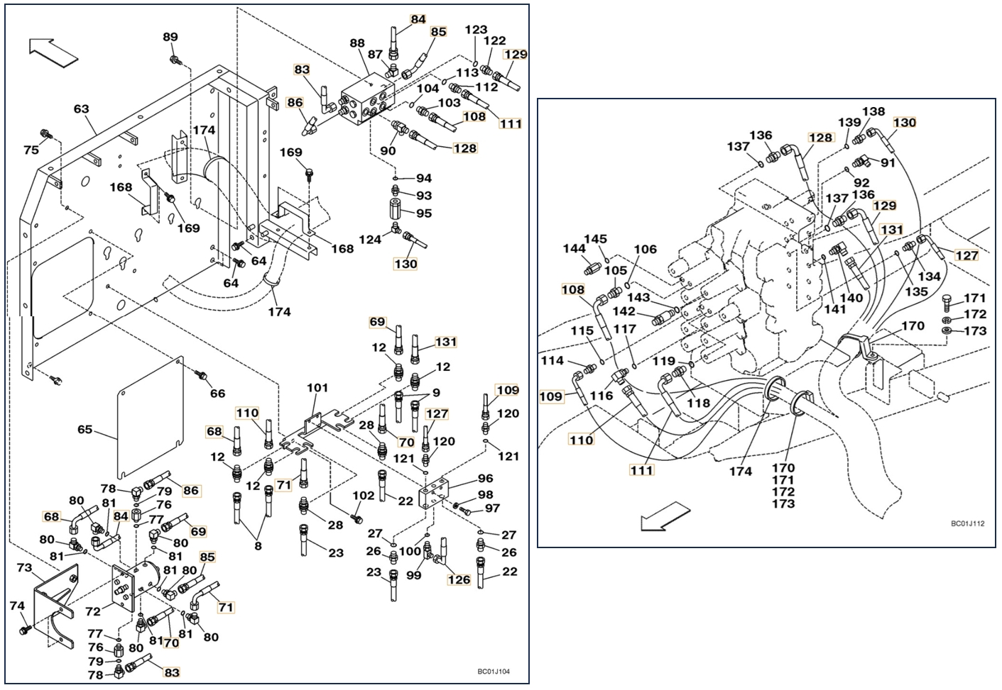 Case CX210LR installation diagram showing hydraulic hose 159224A1 at Pipe No. 84