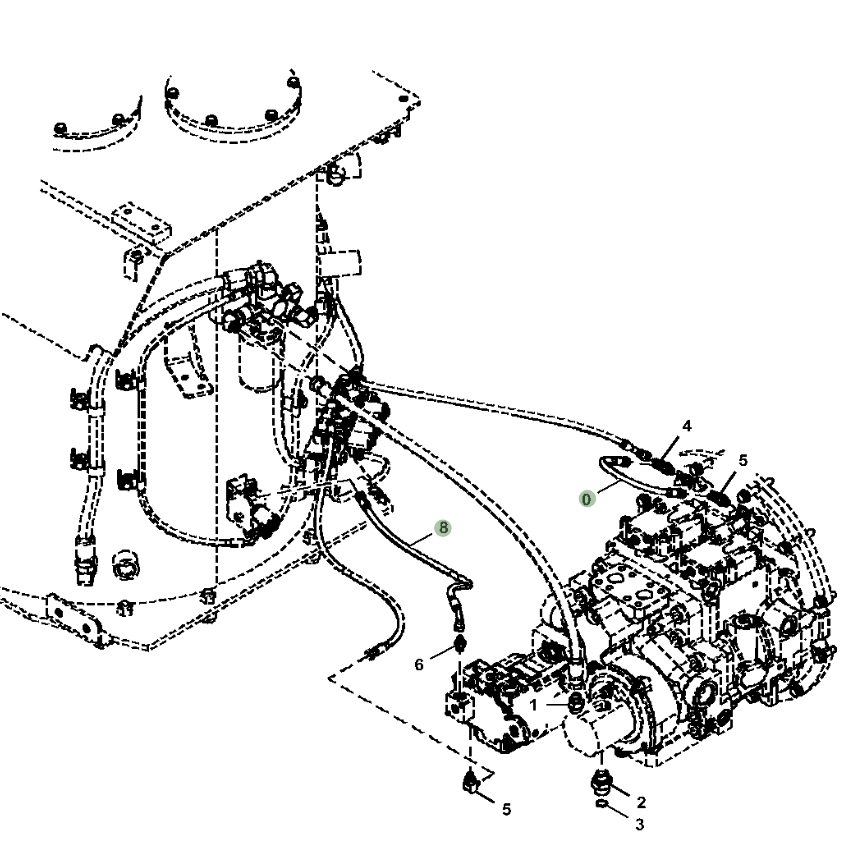 Hitachi ZX470-5A installation diagram showing hydraulic hose 4245115 at Pipe No. 0