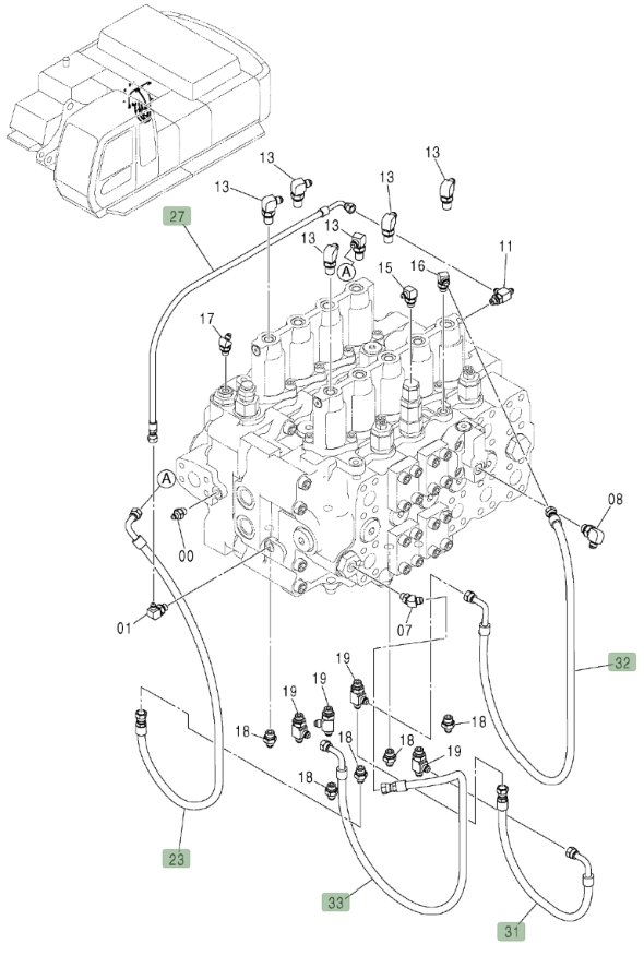 Hitachi ZX450LC installation diagram showing hydraulic hose 4437412 at Pipe No. 27