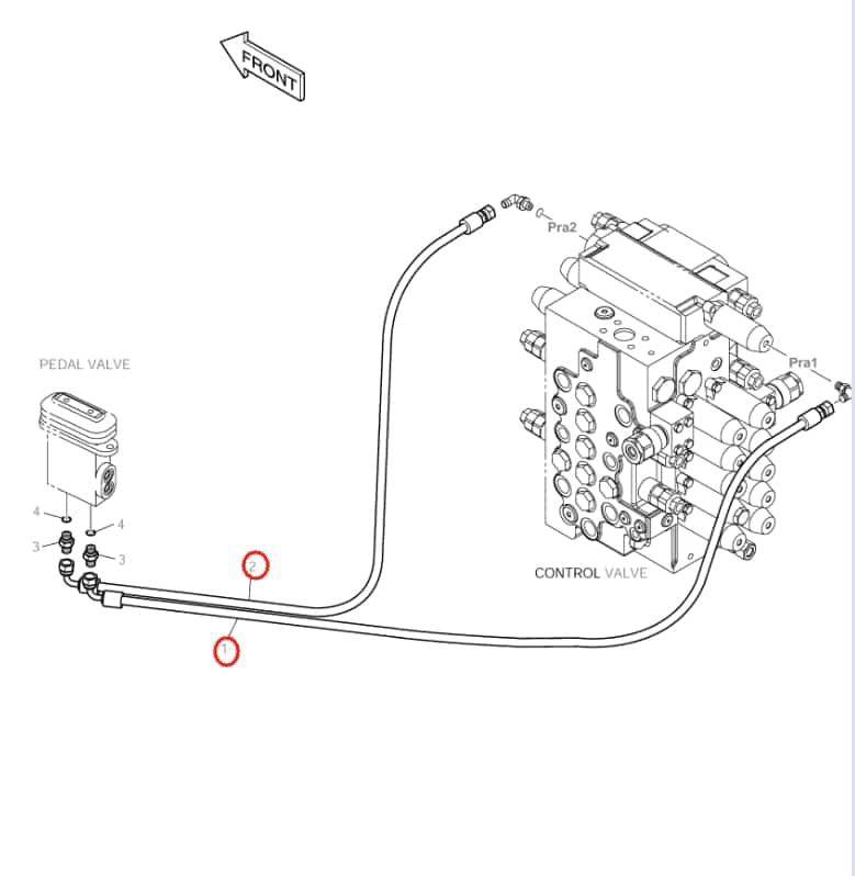 Doosan DX140LC installation diagram showing hydraulic hose DS2093105 at Pipe No. 1
