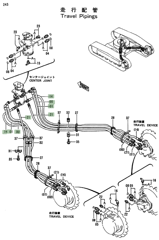 Hitachi EX100-2 installation diagram showing hydraulic hose 4262266 at Pipe No. 0
