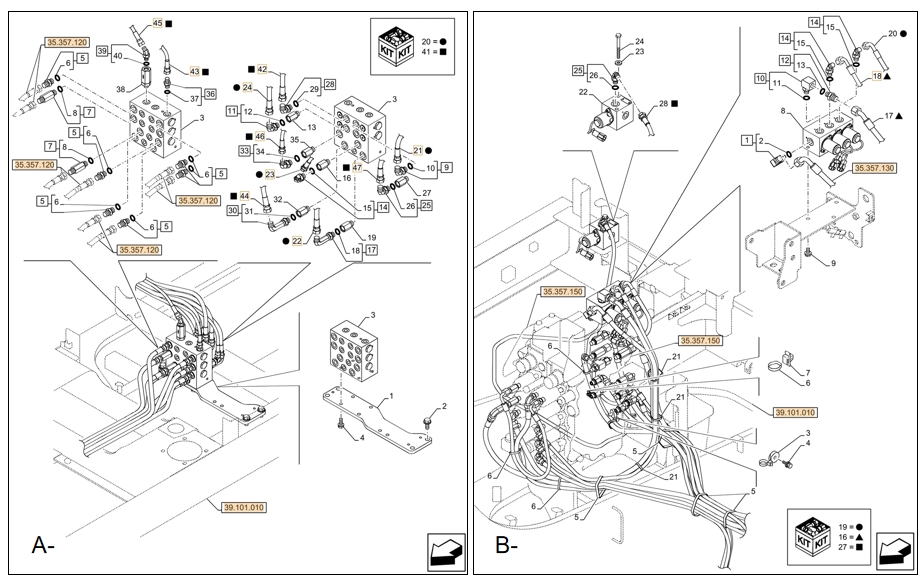 Case CX180D LC installation diagram showing hydraulic hose KHJ11530 at Pipe No. A44