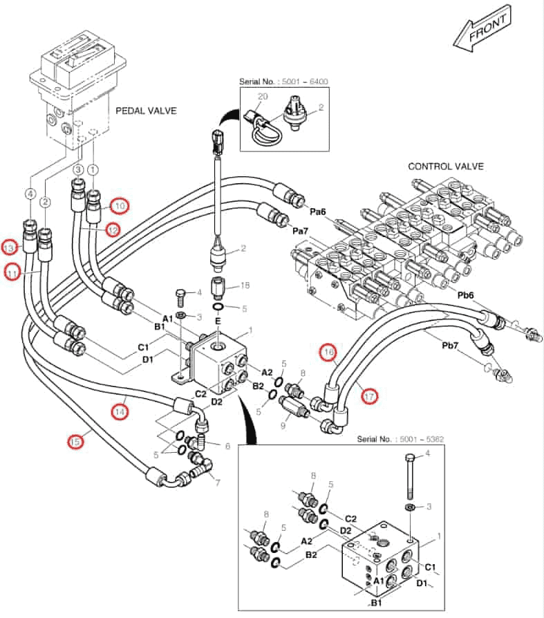 Doosan DX27Z installation diagram showing hydraulic hose DS2093157 at Pipe No. 15