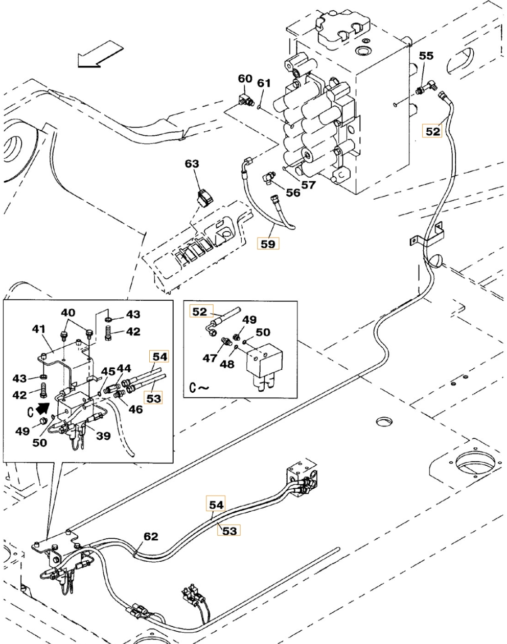 Case CX240BLR installation diagram showing hydraulic hose KHJ15180 at Pipe No. 53
