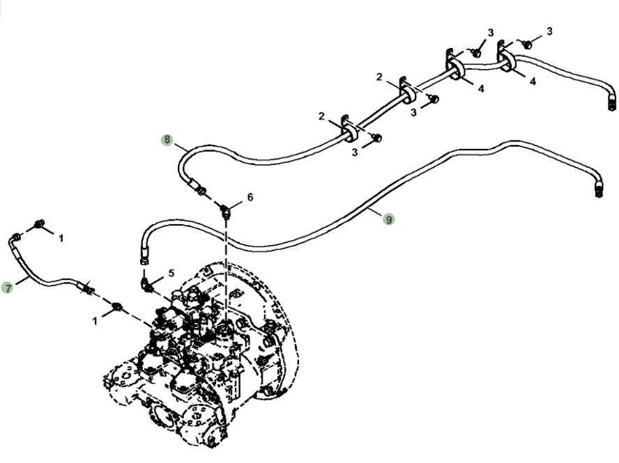 Hitachi ZX210-5G installation diagram showing hydraulic hose 4449326 at Pipe No. 8