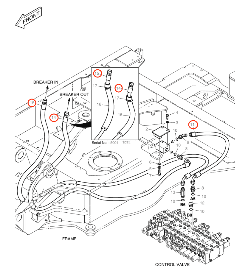Doosan DX55W installation diagram showing hydraulic hose DS2093529 at Pipe No. 11