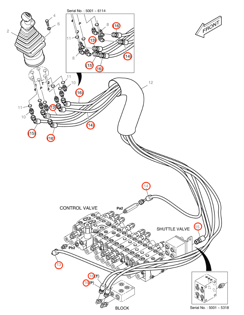 Doosan DX55W installation diagram showing hydraulic hose DS2093114 at Pipe No. 14