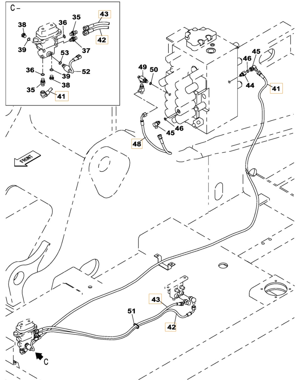 Case CX210C NLC installation diagram showing hydraulic hose KHJ2165 at Pipe No. 41