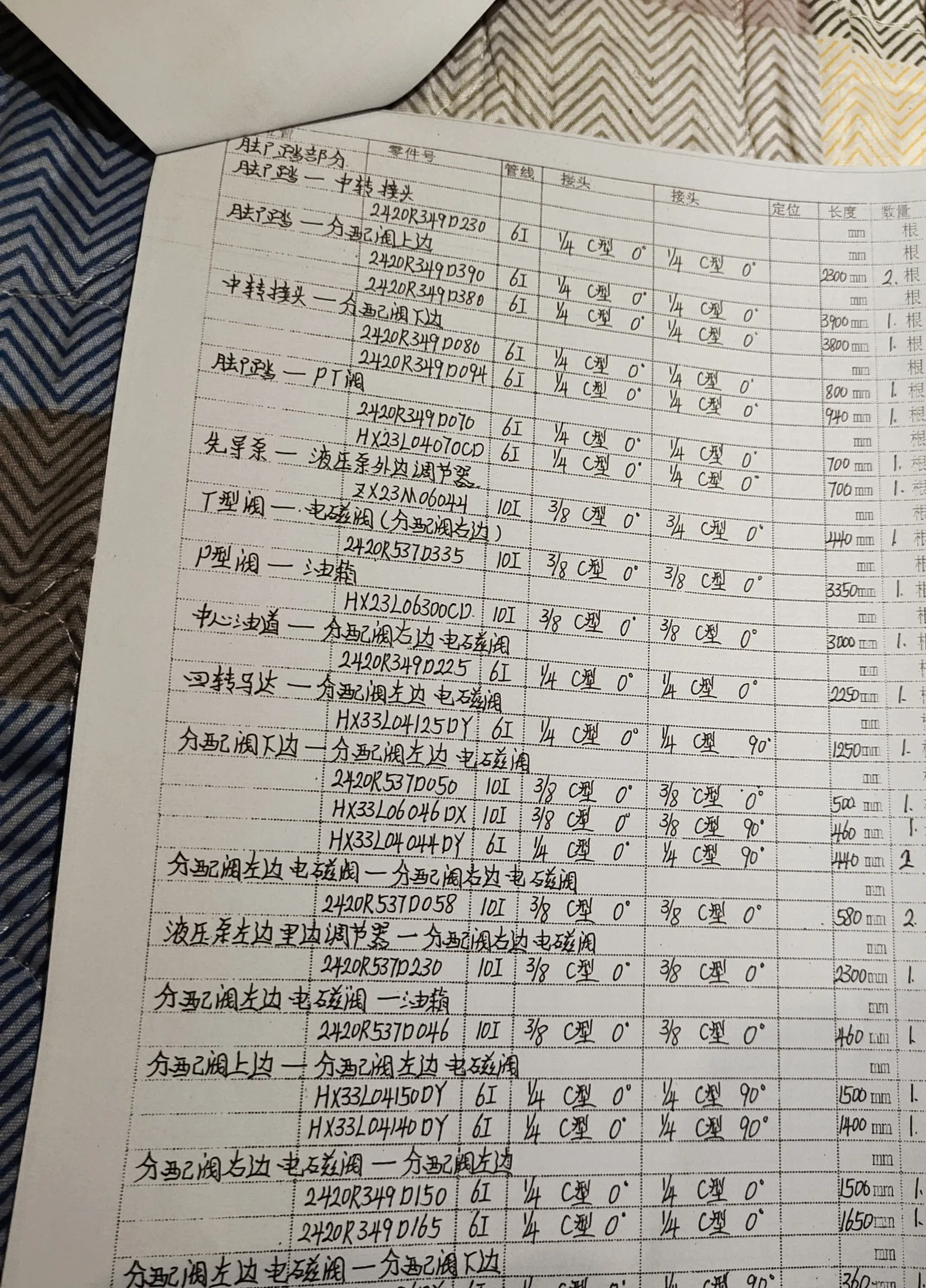Kobelco SK330-10 hydraulic hose part numbers and recorded lengths — technician notebook page 4 of 5