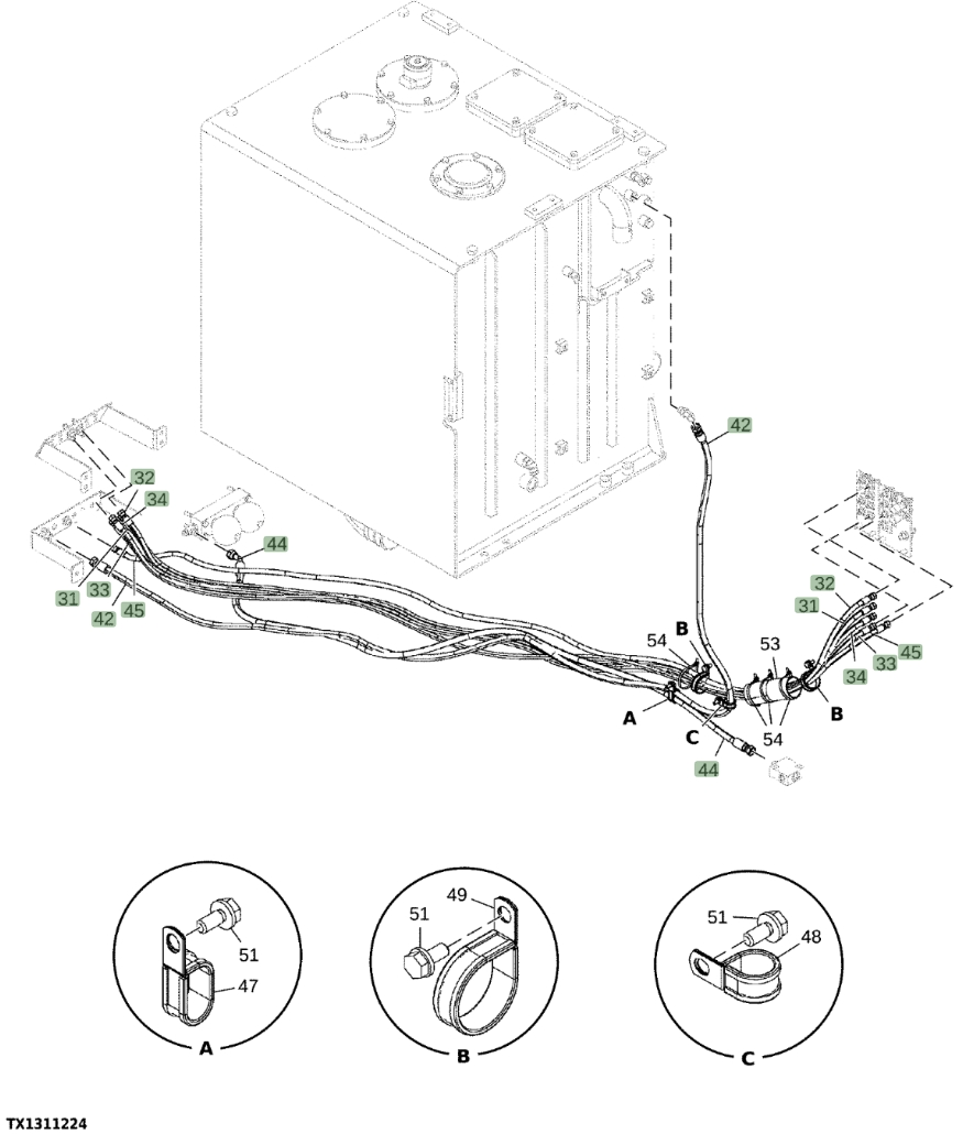 Hitachi EX1200-7 installation diagram showing hydraulic hose 4475999 at Pipe No. 33