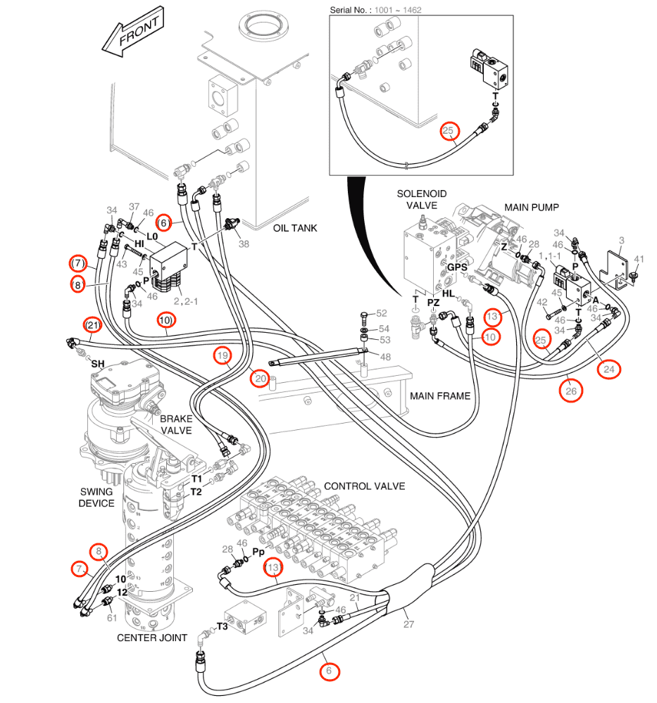 Doosan E57W installation diagram showing hydraulic hose DS2093013 at Pipe No. 25