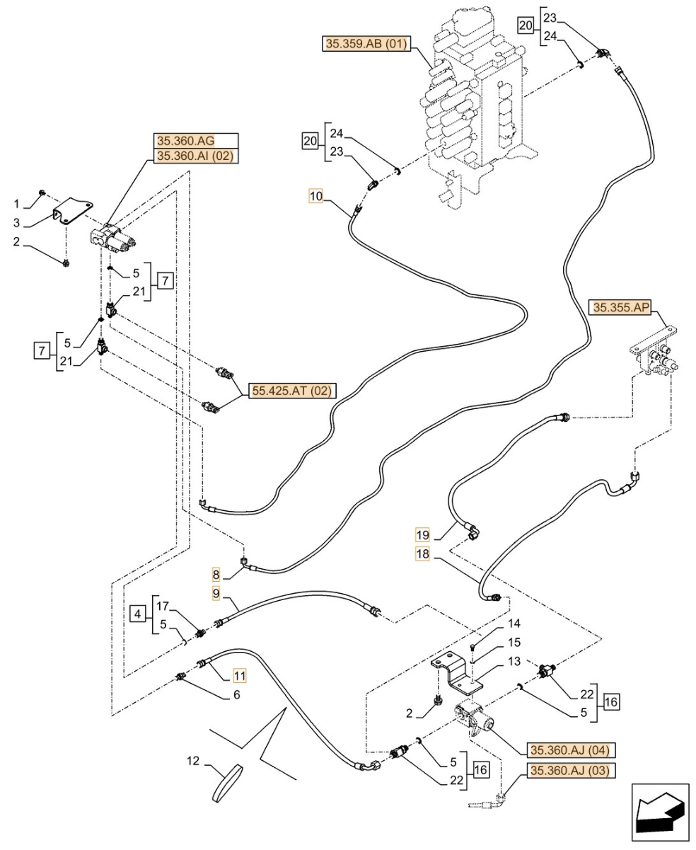 Case CX370D LC installation diagram showing hydraulic hose KHJ2089 at Pipe No. 18