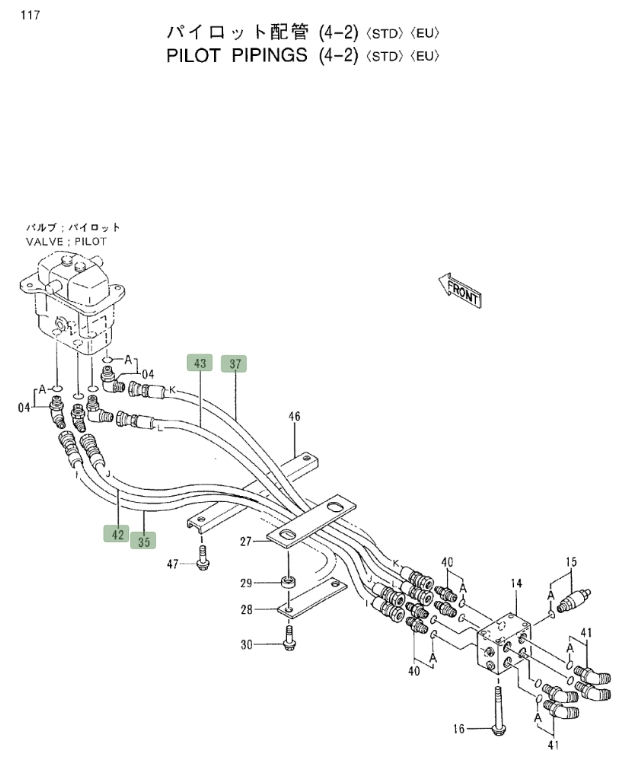 Hitachi EX550LC installation diagram showing hydraulic hose 4366789 at Pipe No. 35