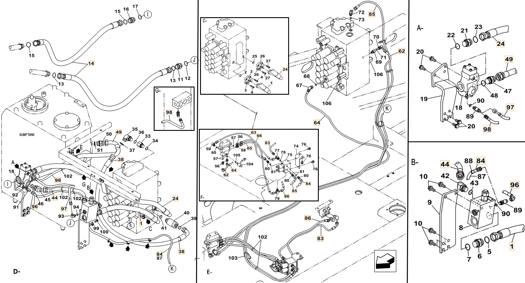 Case CX260C installation diagram showing hydraulic hose KHJ2194 at Pipe No. F66