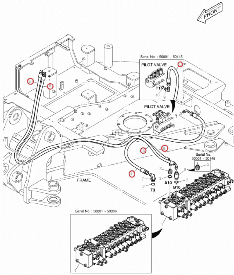 Doosan DX80R installation diagram showing hydraulic hose 2184-1026D407 at Pipe No. 8