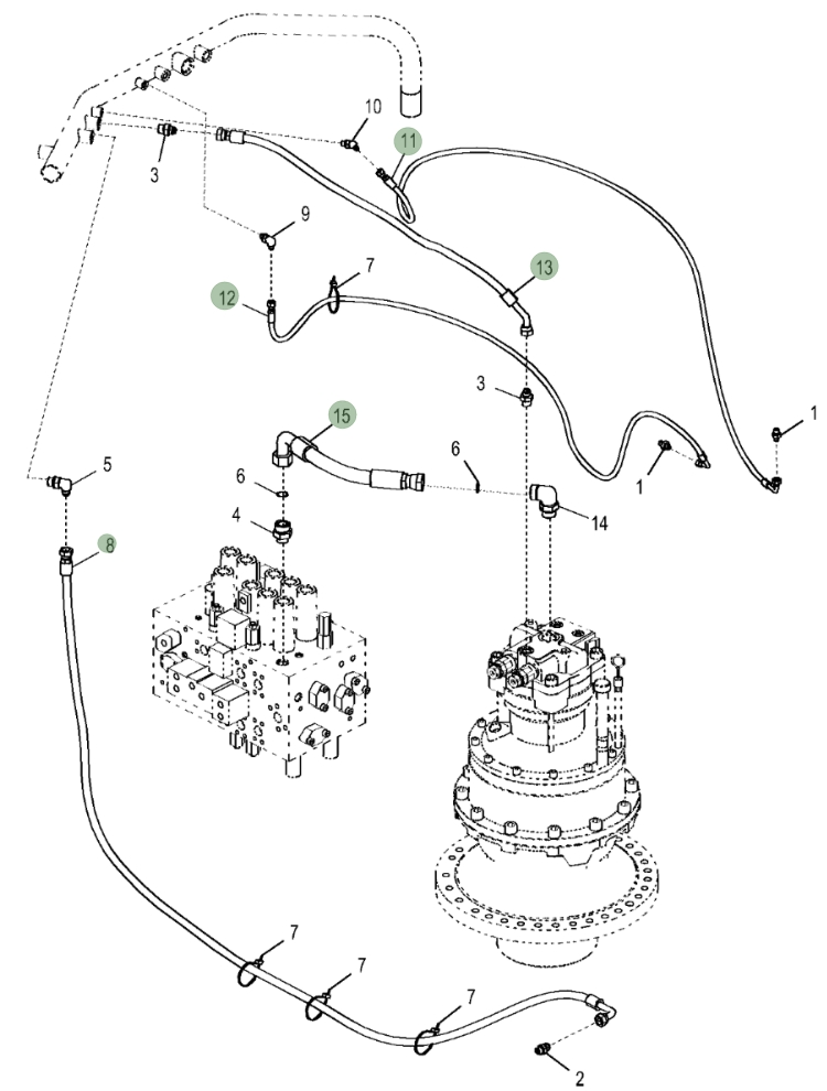 Hitachi ZX350LC-5N installation diagram showing hydraulic hose 4628911 at Pipe No. 15