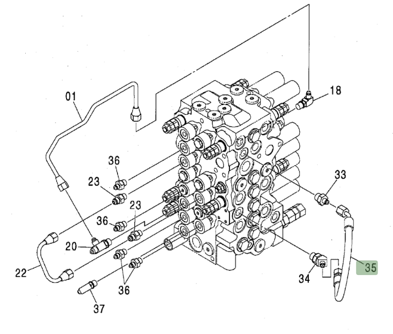 Hitachi ZX80 installation diagram showing hydraulic hose 4463165 at Pipe No. 35