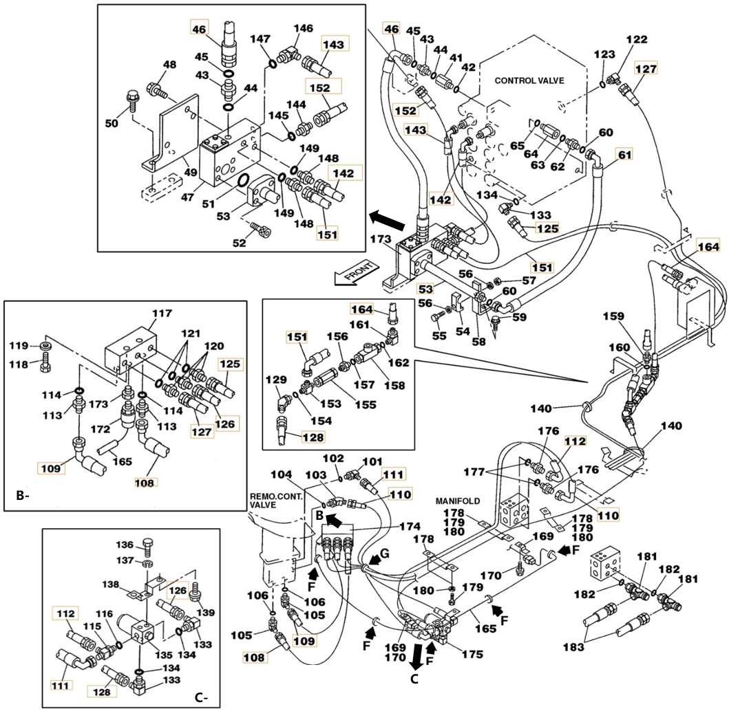 Case CX330 installation diagram showing hydraulic hose 152581A1 at Pipe No. 128