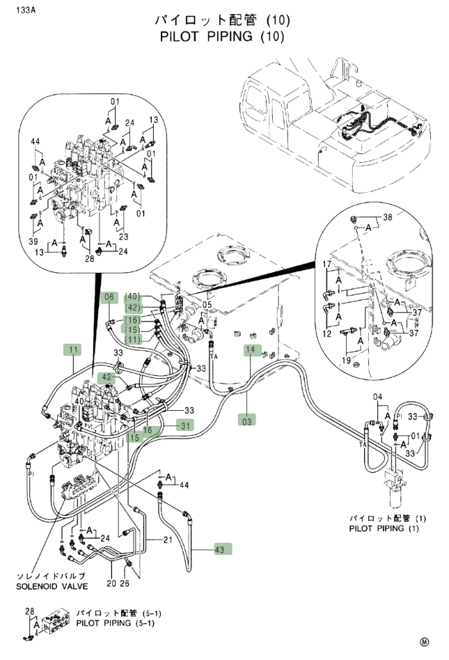 Hitachi EX370-5 installation diagram showing hydraulic hose 4360873 at Pipe No. 43