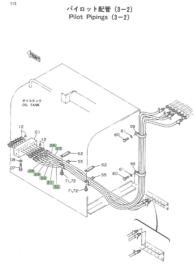 Hitachi EX700 installation diagram showing hydraulic hose 4218037 at Pipe No. 28