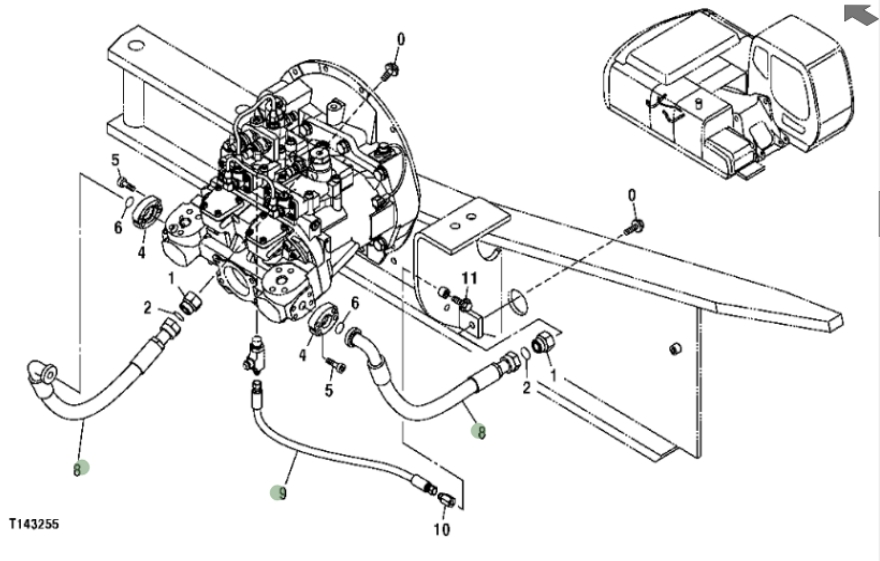 Hitachi ZX250F installation diagram showing hydraulic hose 4442133 at Pipe No. 9