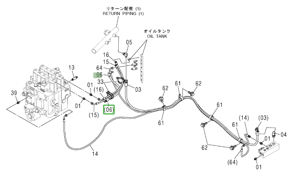 Hitachi ZX370 installation diagram showing hydraulic hose 4437944 at Pipe No. 6