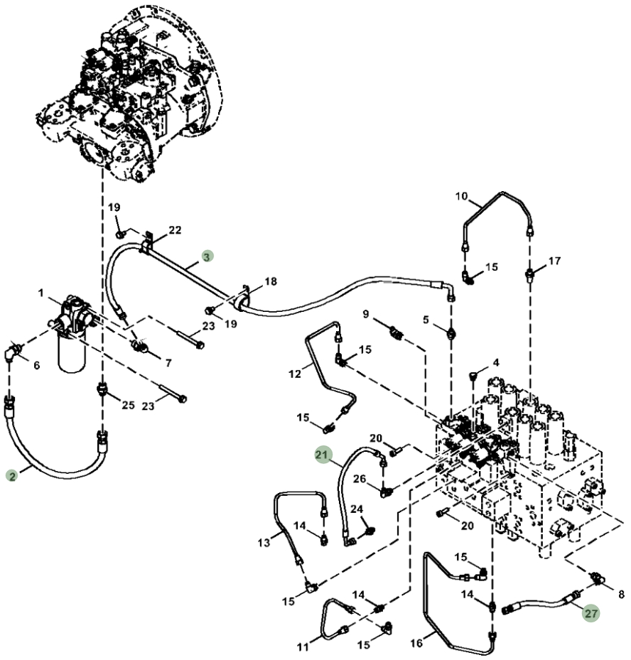 Hitachi ZX210-5G installation diagram showing hydraulic hose 4227045 at Pipe No. 2
