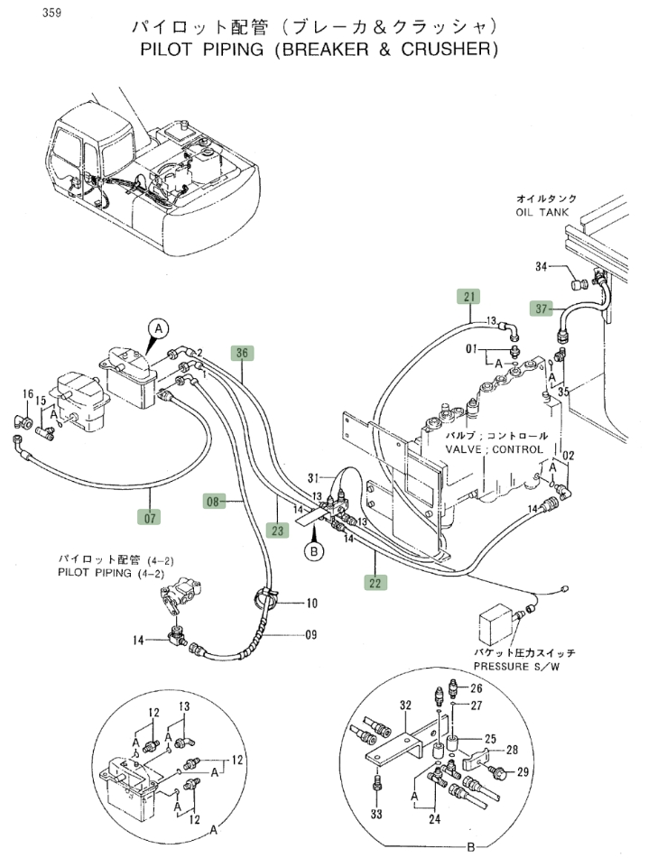 Hitachi EX220LC-3 installation diagram showing hydraulic hose 4303104 at Pipe No. 21