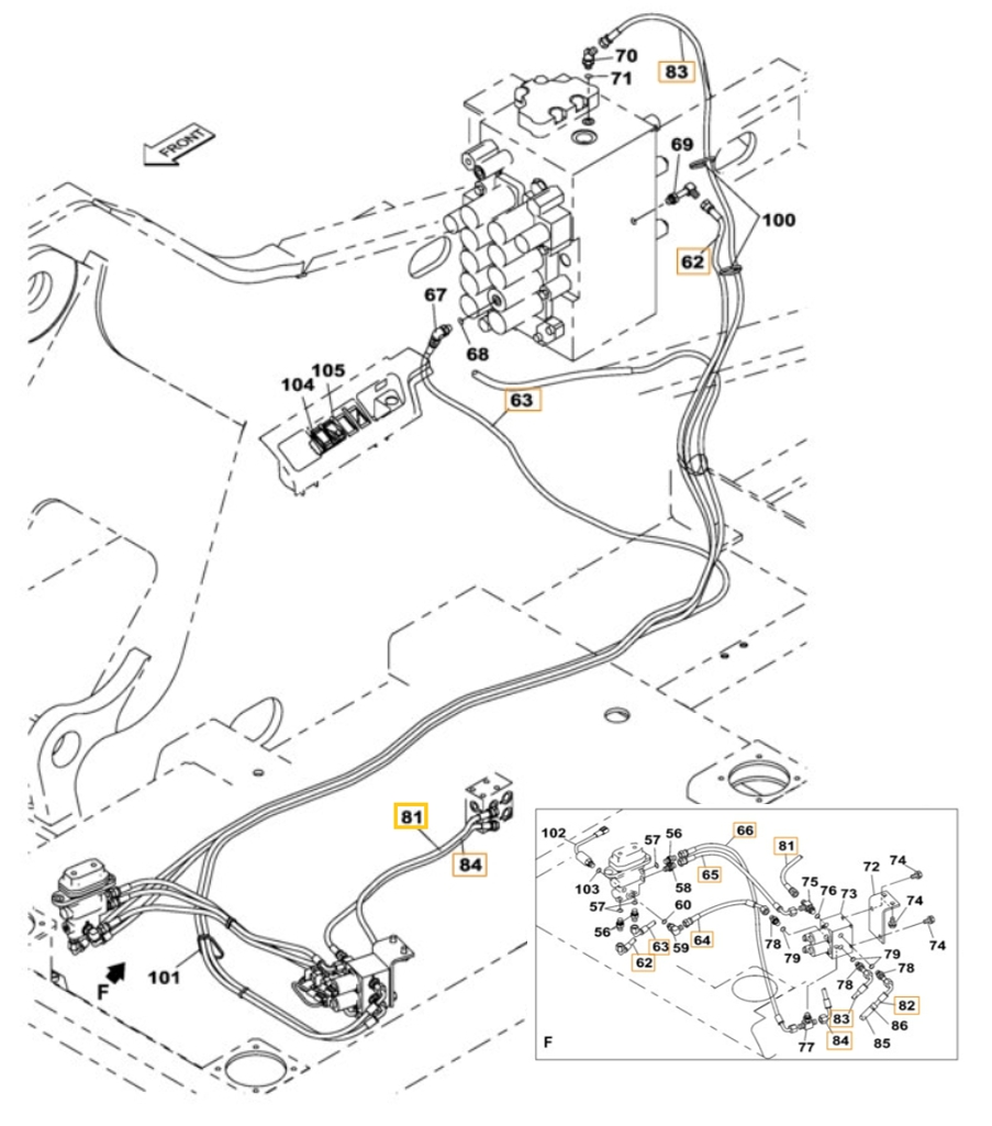 Case CX230B installation diagram showing hydraulic hose KHJ2194 at Pipe No. 66